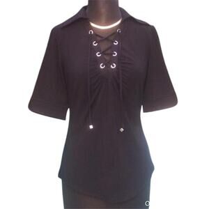 Cache Black Lace Up Front Ruched Bust Stretch Top New Rayon Spandex $88 NWT